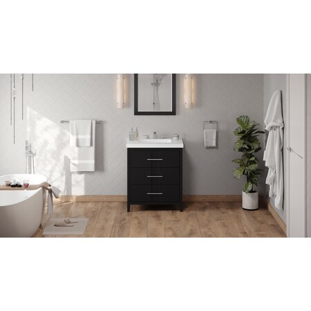 Jeffrey Alexander 30In. Black Katara Vanity, Lavante Cultured Marble Vessel Vanity Top, Integrated Rectangle Bowl VKITKAT30BKLAR